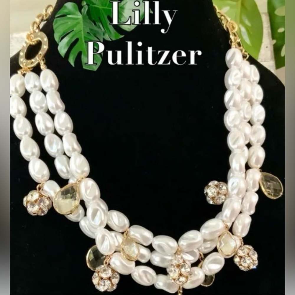 NWT Lilly Pulitzer Elegant Pearl and Crystal Three Strand Necklace